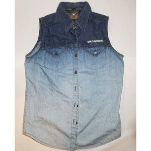 Vintage HARLEY DAVIDSON Womens M Sleeveless Button Up Denim Shirt Embroidered